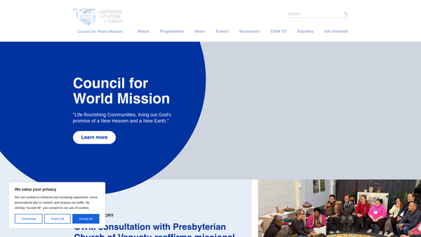 Screenshot of the Council For World Mission (UK) website