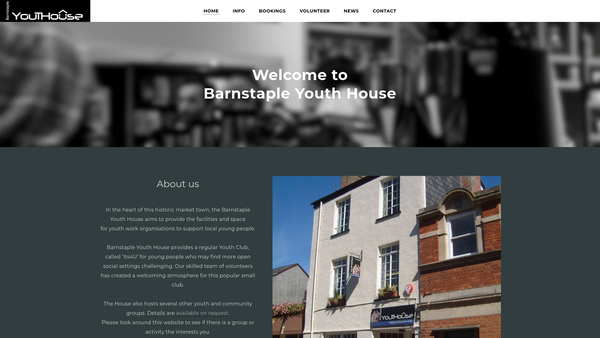 Screenshot of the Barnstaple Youth House Youth Association website