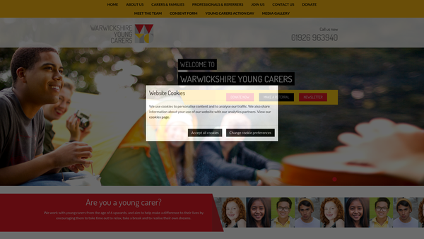 Screenshot of the Warwickshire Young Carers website