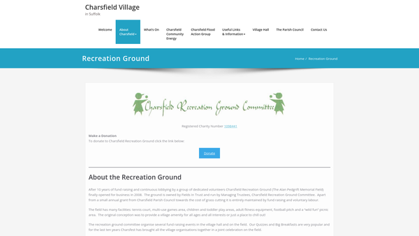 Screenshot of the Charsfield Recreation Ground website