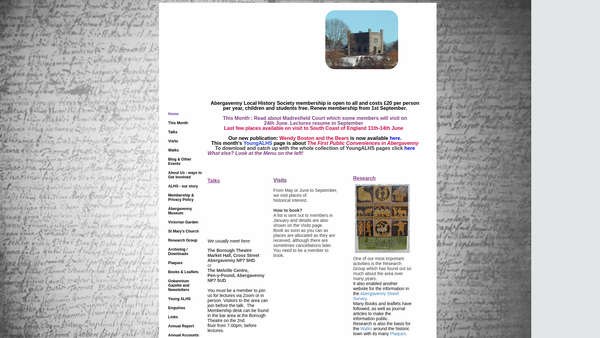 Screenshot of the The Abergavenny Local History Society website