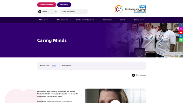 Screenshot of the Birmingham And Solihull Mental Health NHS Foundation Trust Charity website
