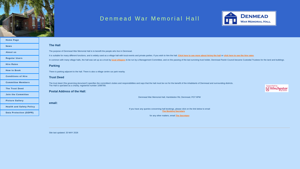 Screenshot of the The Denmead War Memorial Hall website