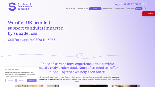 Screenshot of the Survivors Of Bereavement By Suicide website