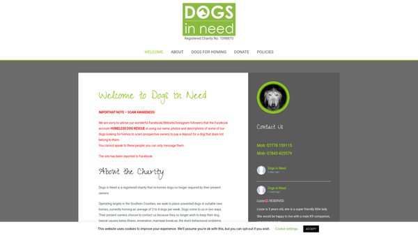 Screenshot of the Dogs In Need website