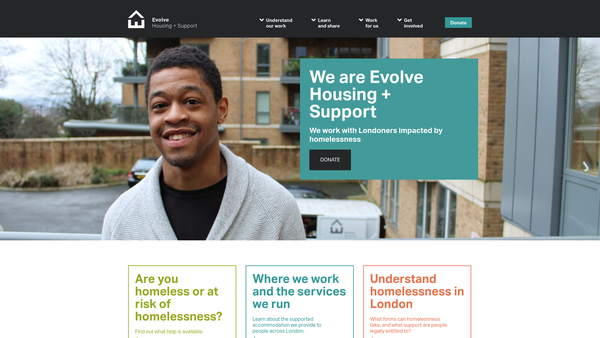 Screenshot of the Evolve Housing + Support website