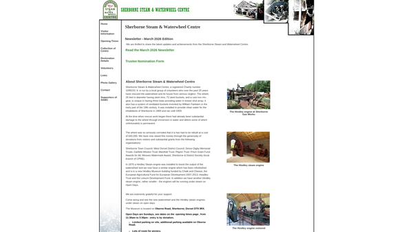 Screenshot of the Sherborne Steam And Waterwheel Centre website