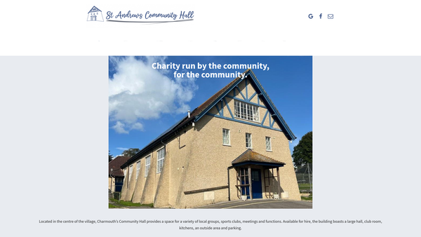 Screenshot of the Trustees Of St Andrew's Community Hall Charmouth website