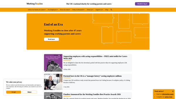 Screenshot of the Working Families website