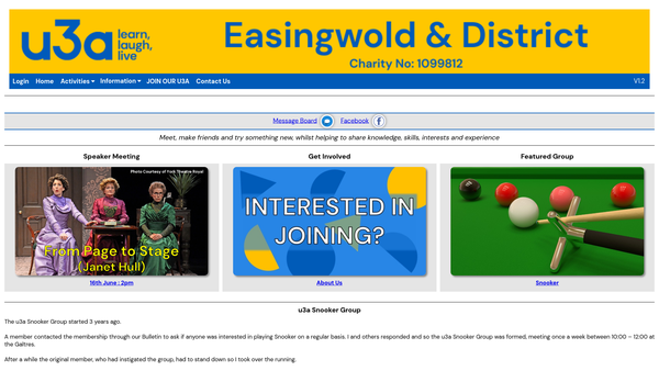 Screenshot of the Easingwold And District U3A website