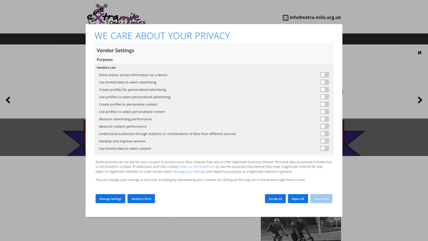 Screenshot of the Extra Mile Challenges website
