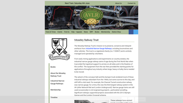 Screenshot of the Moseley Railway Trust website