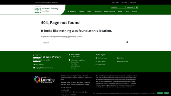 Screenshot of the Hill West Primary School Parents, Teachers And Friends Association website