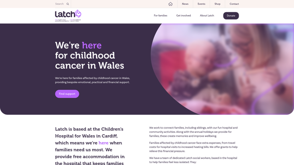 Screenshot of the Latch Welsh Children's Cancer Charity website