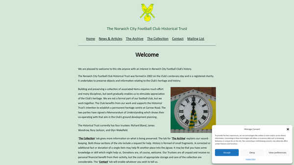 Screenshot of the The Norwich City Football Club Historical Trust website