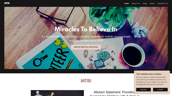 Screenshot of the Miracles To Believe In (A Charity For Children With Autism) website