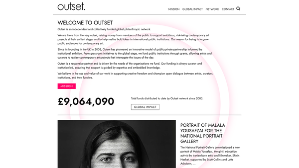 Screenshot of the Outset - Contemporary Art Fund website