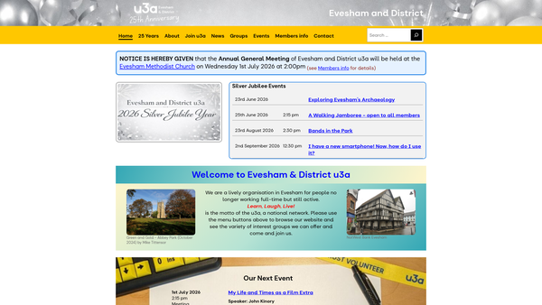 Screenshot of the Evesham And District U3A website