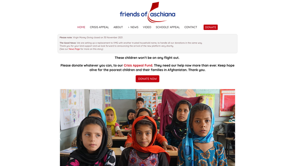 Screenshot of the Friends Of Aschiana (UK) website
