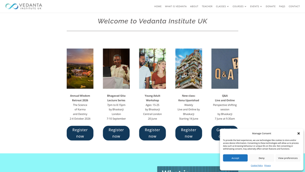 Screenshot of the Vedanta Institute UK website