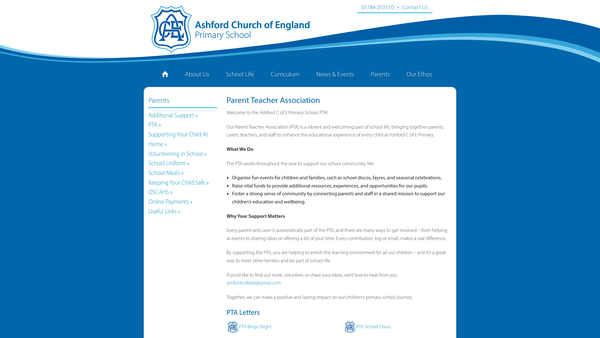 Screenshot of the Ashford C Of E School Parent Teacher Assoc website