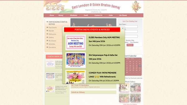 Screenshot of the East London And Essex Brahm Samaj website