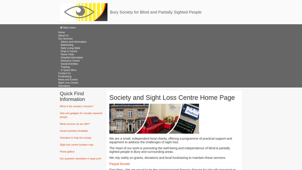 Screenshot of the Bury Society For Blind And Partially Sighted website