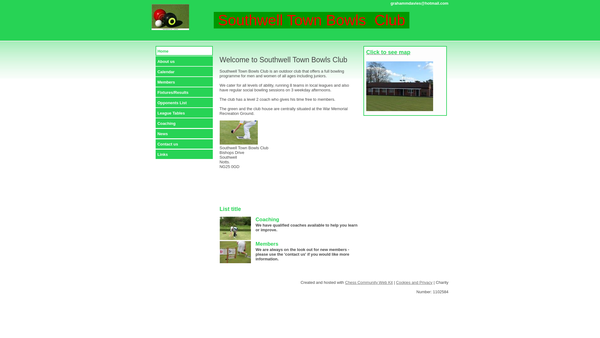 Screenshot of the Southwell Town Bowls Club website