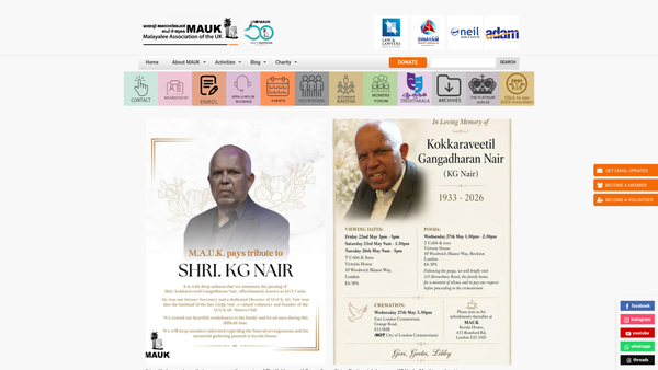 Screenshot of the Malayalee Association Of The UK website