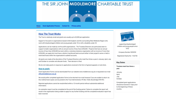 Screenshot of the The Sir John Middlemore Charitable Trust website