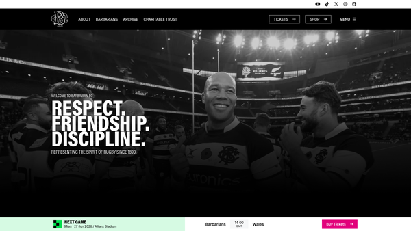 Screenshot of the The Barbarians Rugby Charitable Trust website