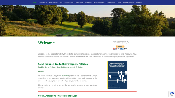 Screenshot of the Electrosensitivity-Uk website