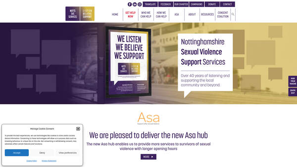 Screenshot of the Nottinghamshire Sexual Violence Support Services Ltd website