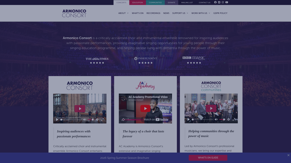 Screenshot of the Armonico Consort Limited website