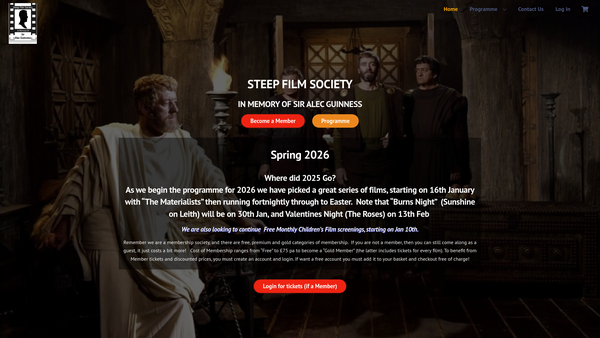 Screenshot of the Steep Film Society In Memory Of Sir Alec Guiness website