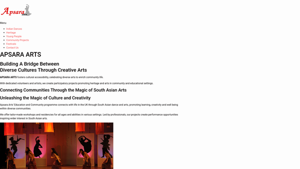 Screenshot of the Apsara Arts website
