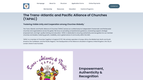 Screenshot of the Trans-Atlantic And Pacific Alliance Of Churches (Tapac) website