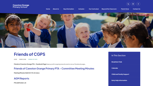 Screenshot of the Friends Of Cawston Grange PTA website