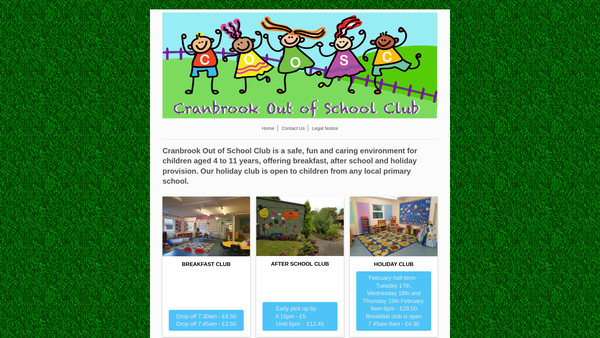 Screenshot of the Cranbrook Primary Out Of School Club website