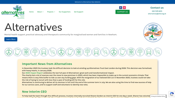 Screenshot of the Alternatives Trust East London website