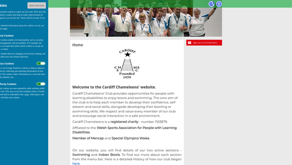 Screenshot of the Cardiff Chameleons Mencap/ Gateway Swimming Club website