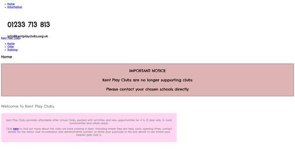 Screenshot of the Kent Play Clubs website