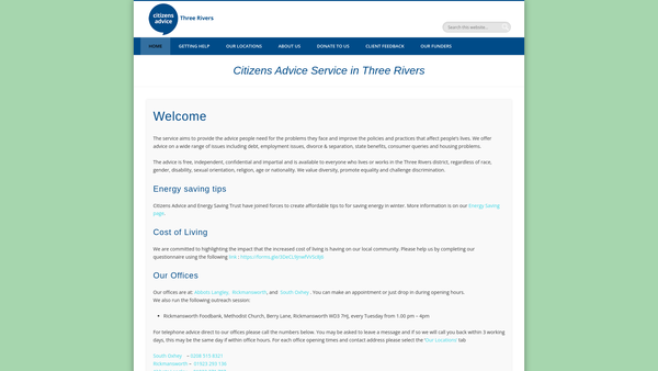 Screenshot of the Citizens Advice Service In Three Rivers website