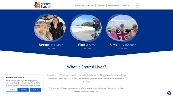 Screenshot of the Shared Lives South West website