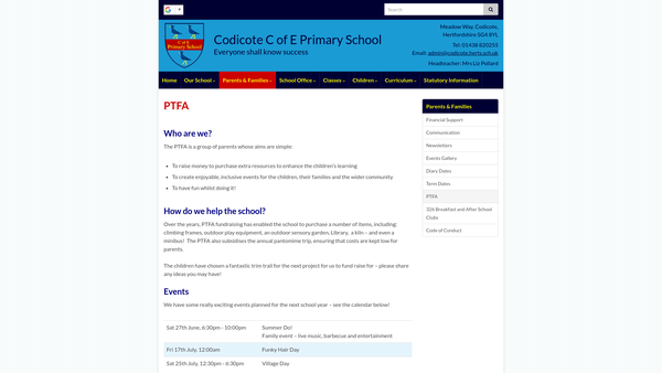 Screenshot of the Codicote School Parent Teacher Association website