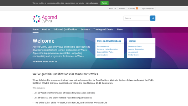 Screenshot of the Agored Cymru website