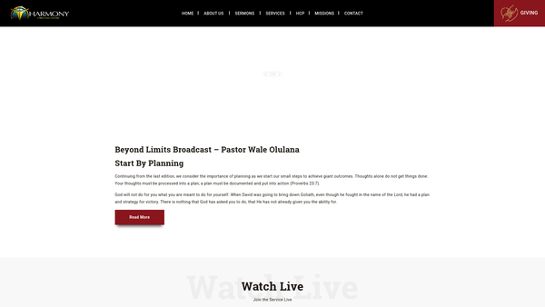 Screenshot of the Harmony Christian Ministries website