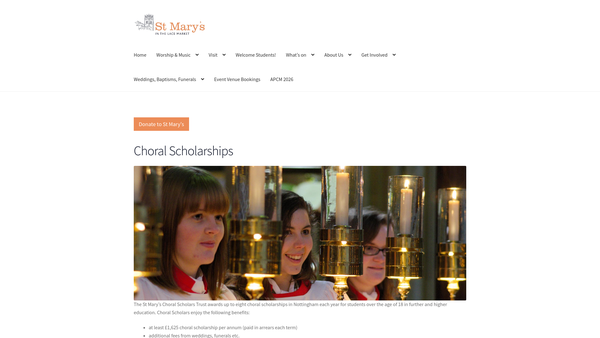 Screenshot of the St Mary's Choral Scholars' Trust website