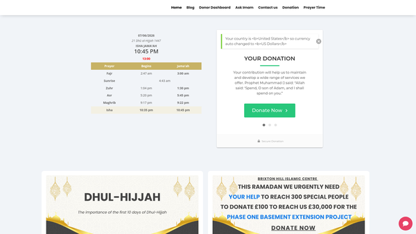 Screenshot of the Brixton Hill Islamic Centre website