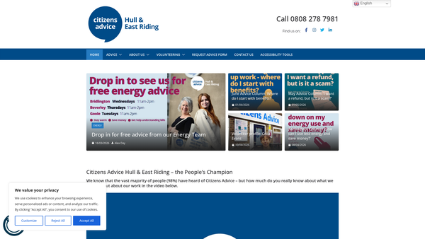 Screenshot of the Hull And East Riding Citizens Advice Bureau Ltd website
